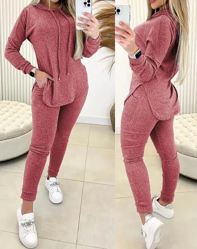 2 Piece Women's Long Sleeve Hooded Top & Pants Set