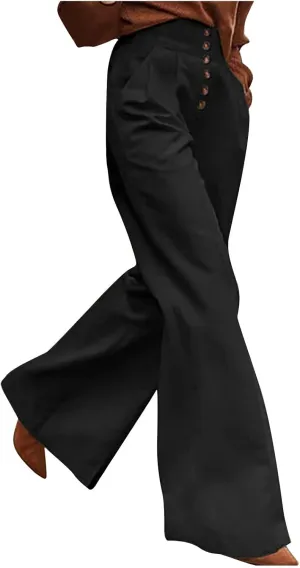 2023 Women High Waist Button Wide Leg Long Pants Dressy Casual Trendy Loose Trouser Pant Lounge Spring Summer Trousers