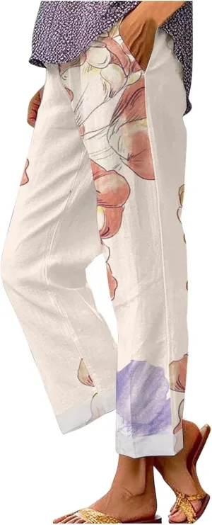 2025 Cotton Linen Pants Women Summer Elastic Waist Crop Pant Plus Size Straight Leg Slack Casual Trouser with Pocket