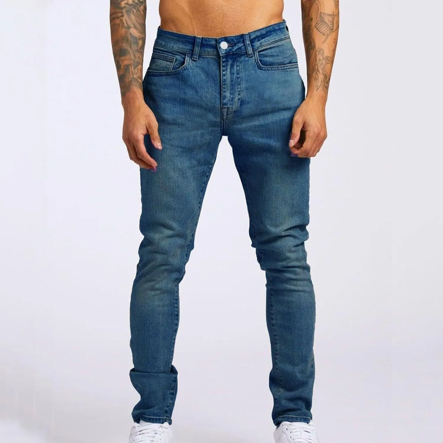 2025 Men's Casual Pants Stretchy Pleated Jeans Slim Fit Denim Pants