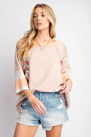 3/4 Sleeves Striped Mix Print Top