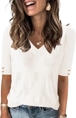 AKEWEI Womens Short Sleeve V Neck Sweater Lightweight Knit Spring Summer Top
