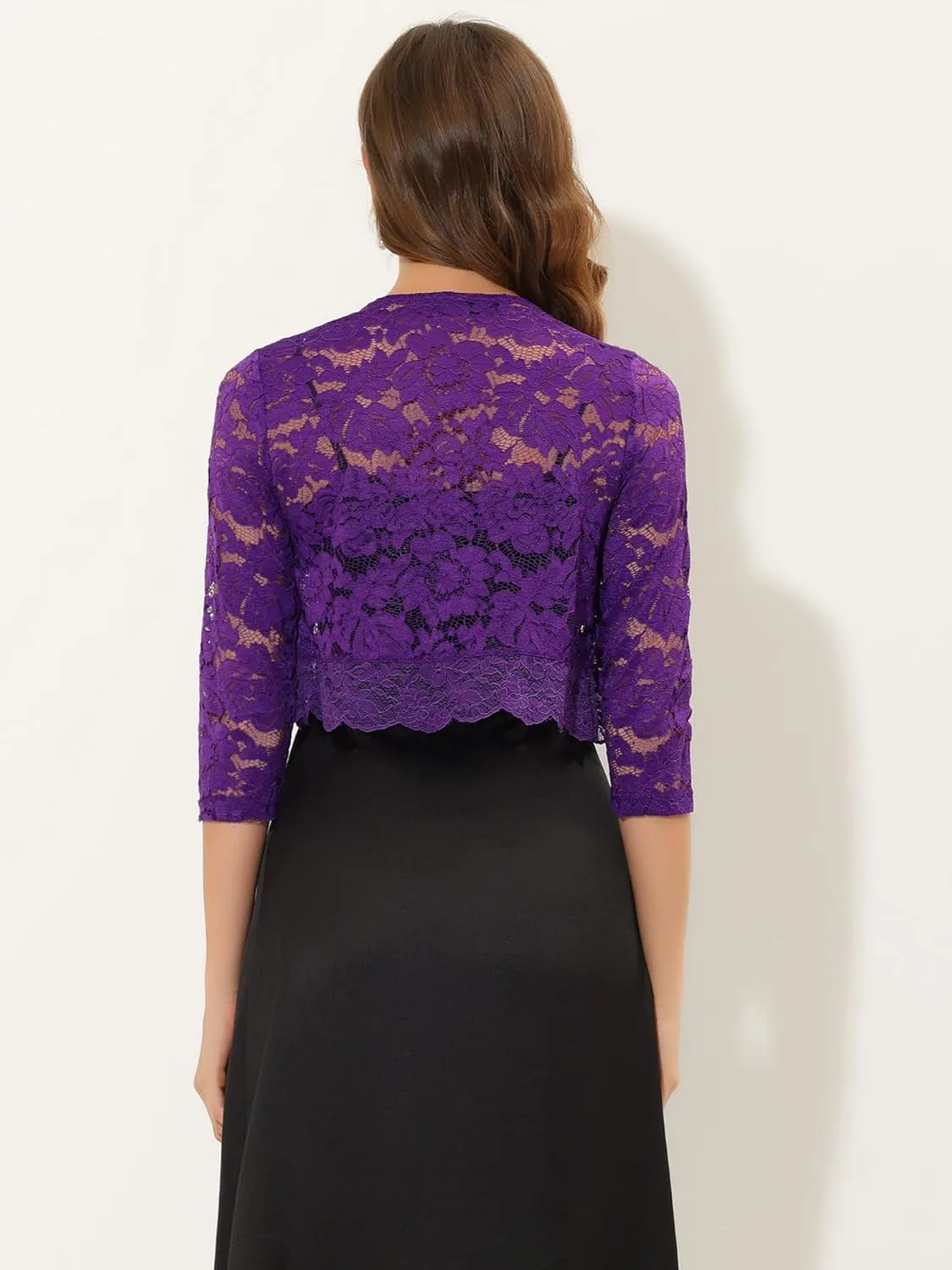 Allegra K Women's Elegant 3/4 Sleeve Sheer Floral Lace Shrug Top