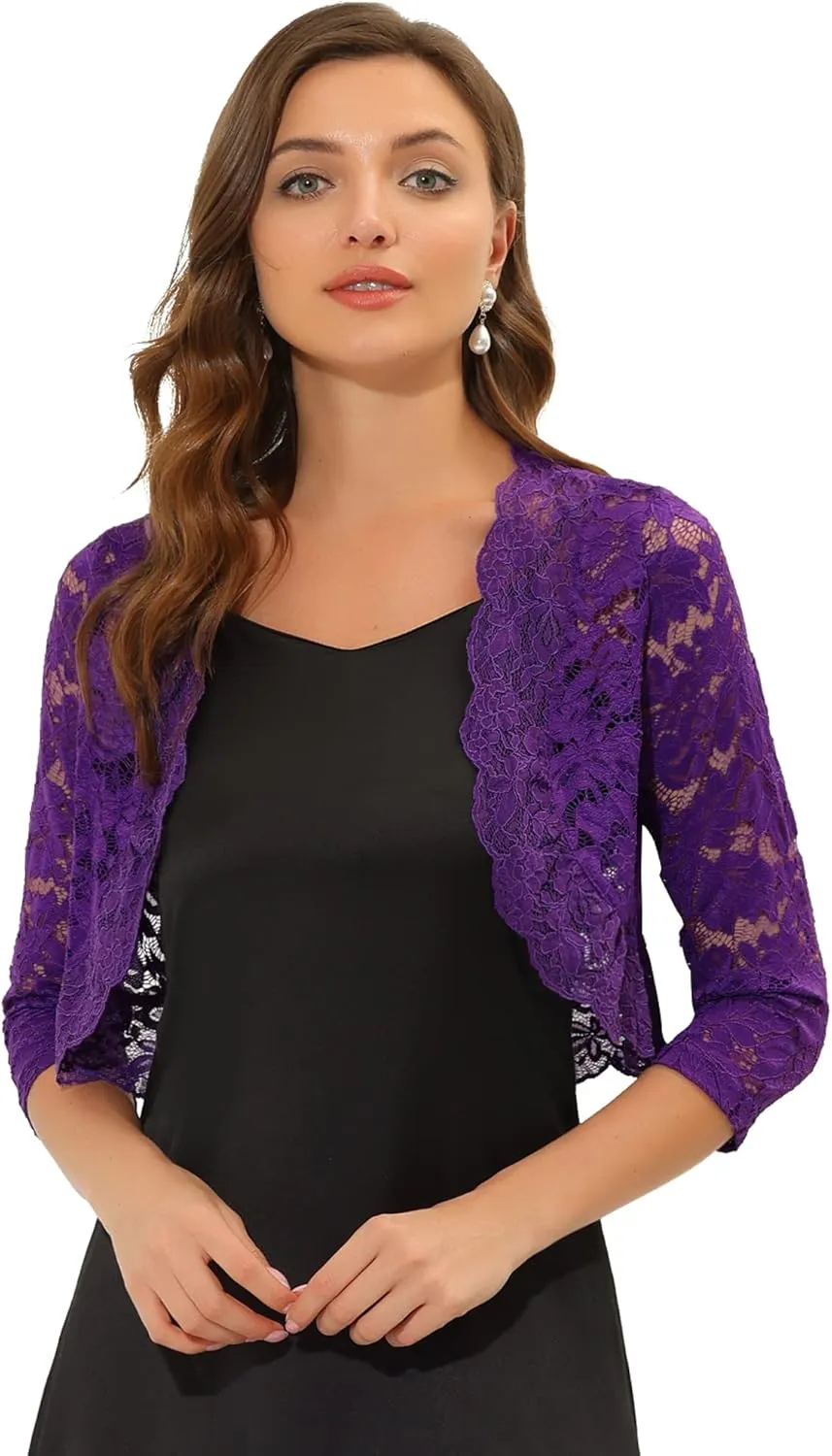 Allegra K Women's Elegant 3/4 Sleeve Sheer Floral Lace Shrug Top