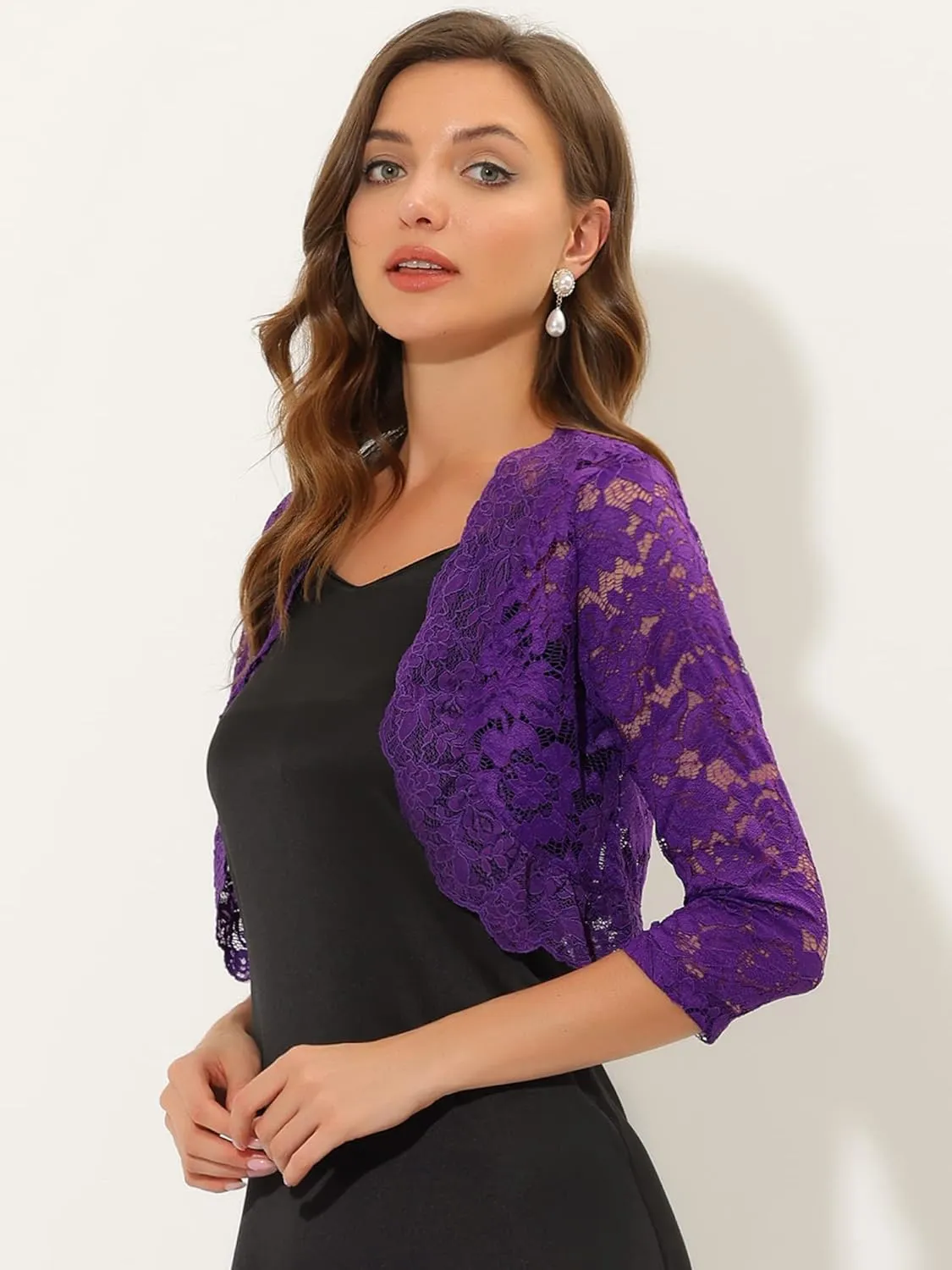 Allegra K Women's Elegant 3/4 Sleeve Sheer Floral Lace Shrug Top