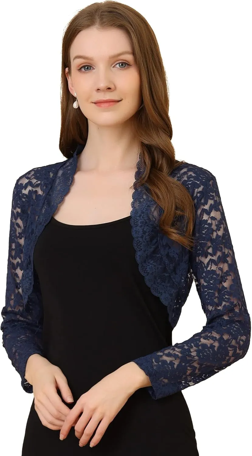Allegra K Women's Elegant Crop Cardigan Sheer Floral Lace Bolero Shrug Top