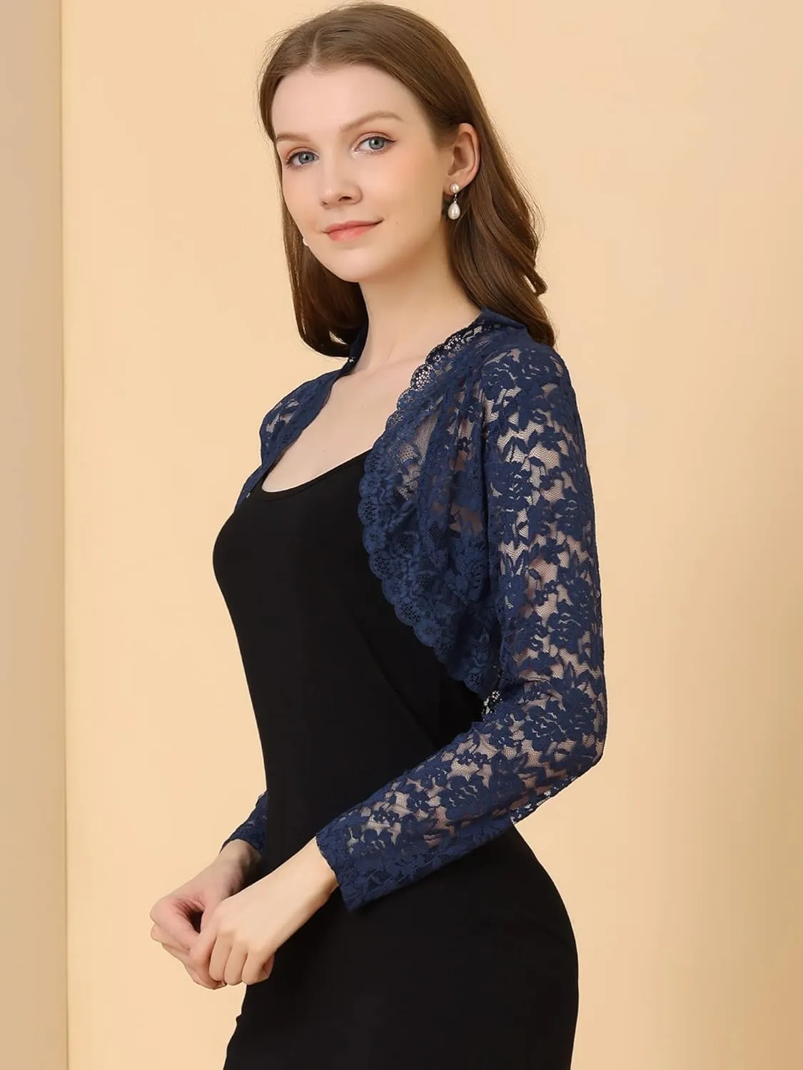 Allegra K Women's Elegant Crop Cardigan Sheer Floral Lace Bolero Shrug Top