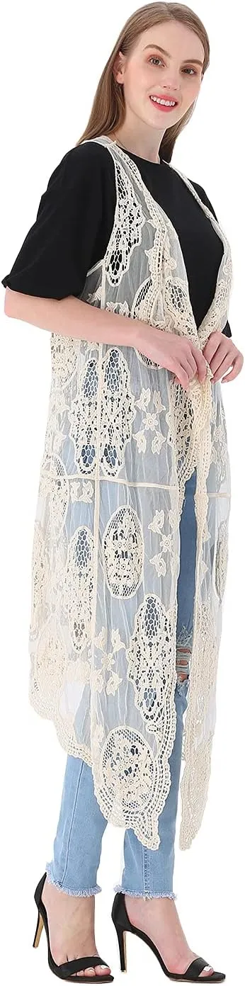Anna-Kaci Vintage Floral Bohemian Sleeveless Mesh Lace Crochet Embroidery Beach Top Cardigan Vest,