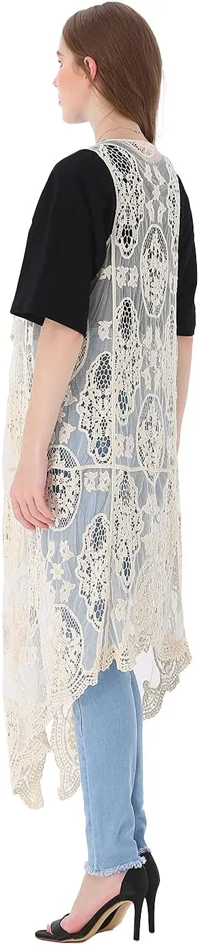 Anna-Kaci Vintage Floral Bohemian Sleeveless Mesh Lace Crochet Embroidery Beach Top Cardigan Vest,