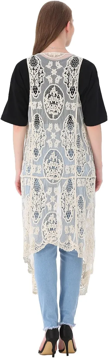 Anna-Kaci Vintage Floral Bohemian Sleeveless Mesh Lace Crochet Embroidery Beach Top Cardigan Vest,