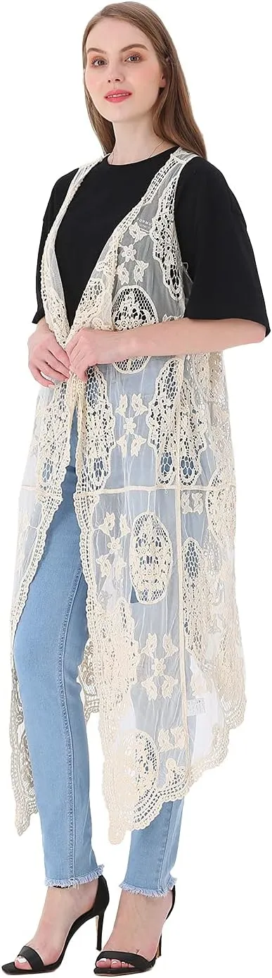 Anna-Kaci Vintage Floral Bohemian Sleeveless Mesh Lace Crochet Embroidery Beach Top Cardigan Vest,