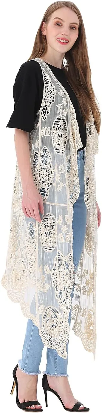 Anna-Kaci Vintage Floral Bohemian Sleeveless Mesh Lace Crochet Embroidery Beach Top Cardigan Vest,