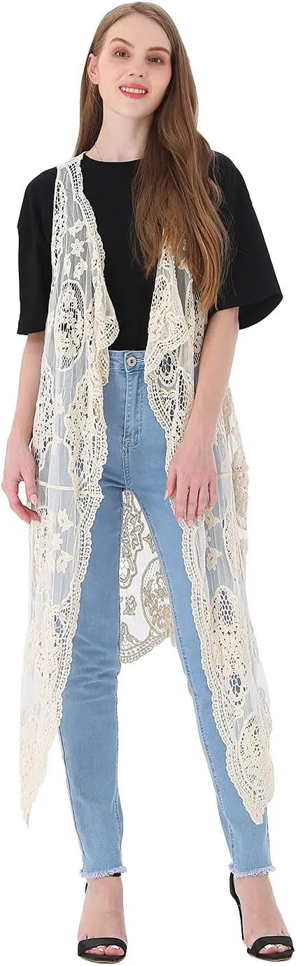 Anna-Kaci Vintage Floral Bohemian Sleeveless Mesh Lace Crochet Embroidery Beach Top Cardigan Vest,