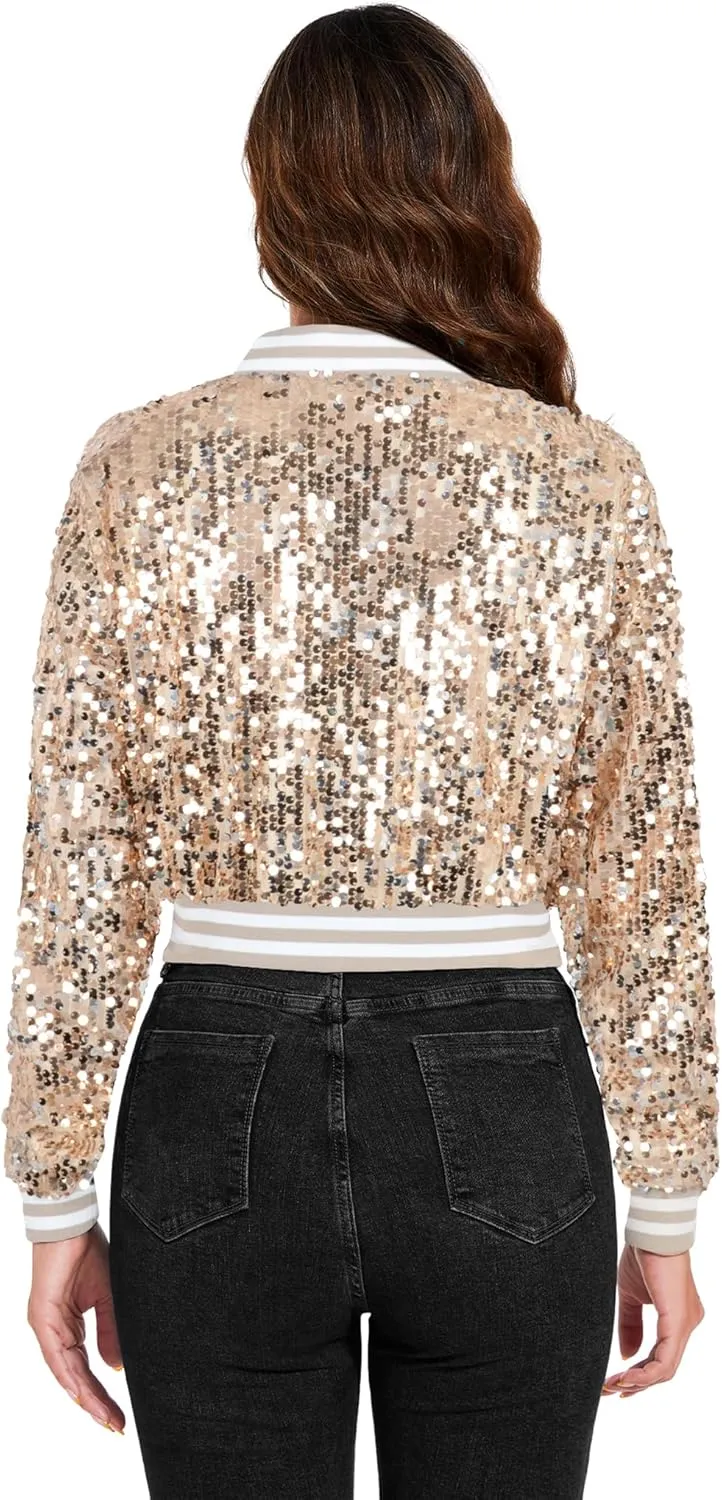 Anna-Kaci Women's Sparkly Sequin Cropped Jacket Long Sleeve Zipper Up Party Club Bomber Jacket