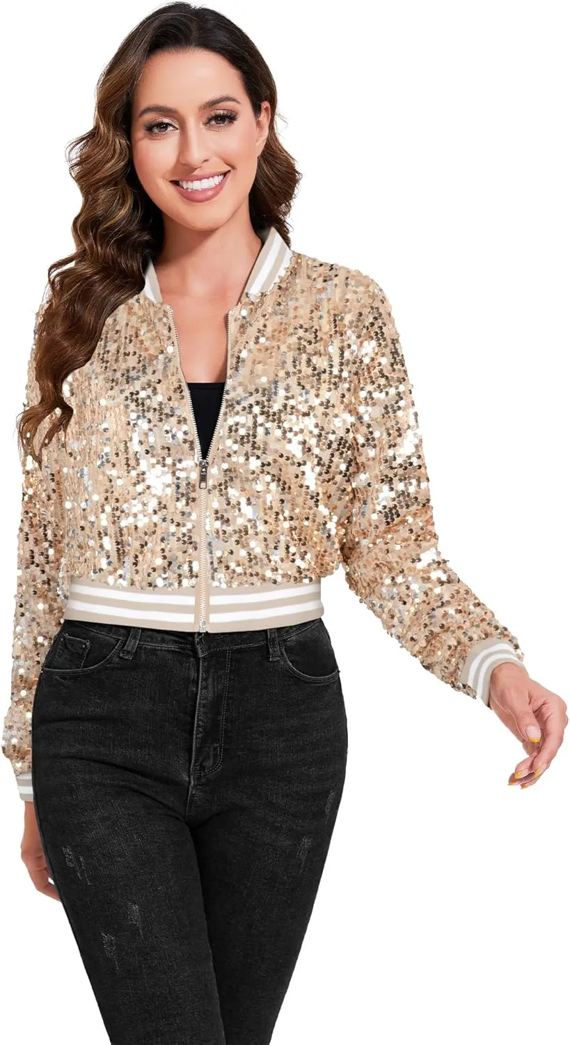 Anna-Kaci Women's Sparkly Sequin Cropped Jacket Long Sleeve Zipper Up Party Club Bomber Jacket