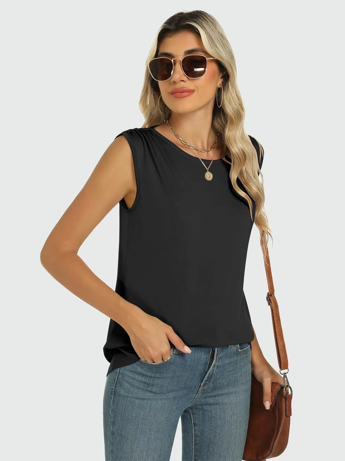 ANRABESS Womens Tank Top Crew Neck Ruched Sleeveless Basic Tanks Casual Summer Tops