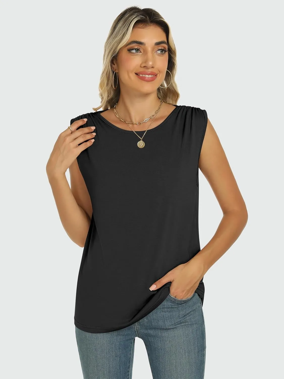 ANRABESS Womens Tank Top Crew Neck Ruched Sleeveless Basic Tanks Casual Summer Tops
