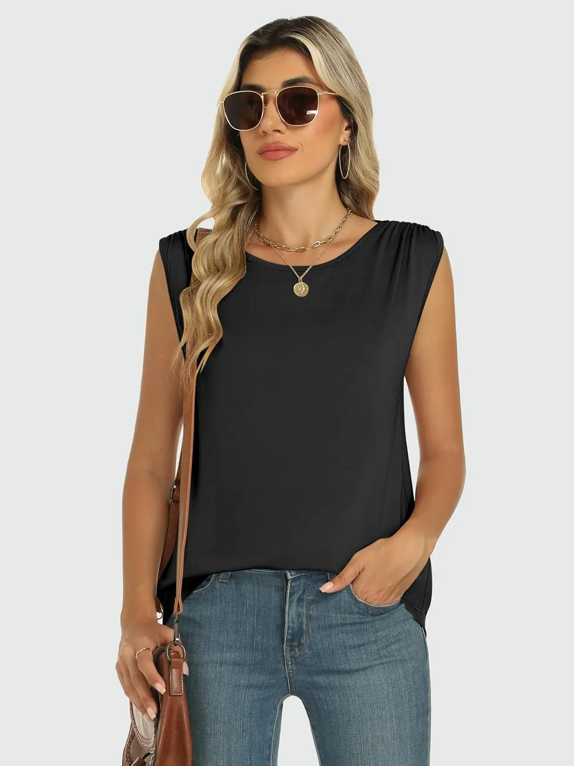 ANRABESS Womens Tank Top Crew Neck Ruched Sleeveless Basic Tanks Casual Summer Tops