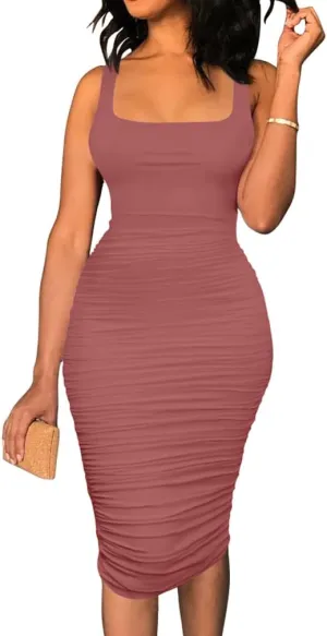 BEAGIMEG Women's Sexy Tank Top Bodycon Ruched Sleeveless Basic Midi Party Dress