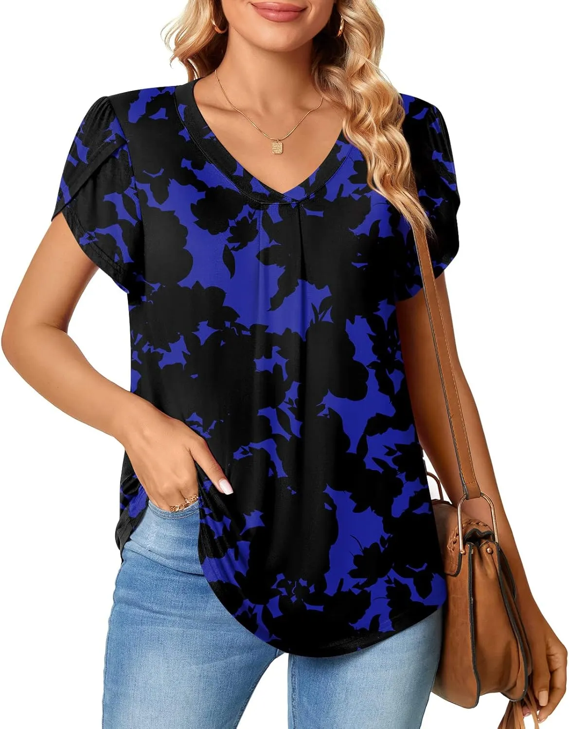 Bestbee Women's Plus Size Short Sleeve Blouses Summer Casual Loose Fit Tops V Neck Tunics