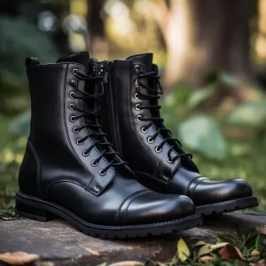 Black Leather Zelina Lace Up Chunky Derby Toe Cap Boots with Zipper and Track Sole - AW24 - Hiking and Trekking Boots