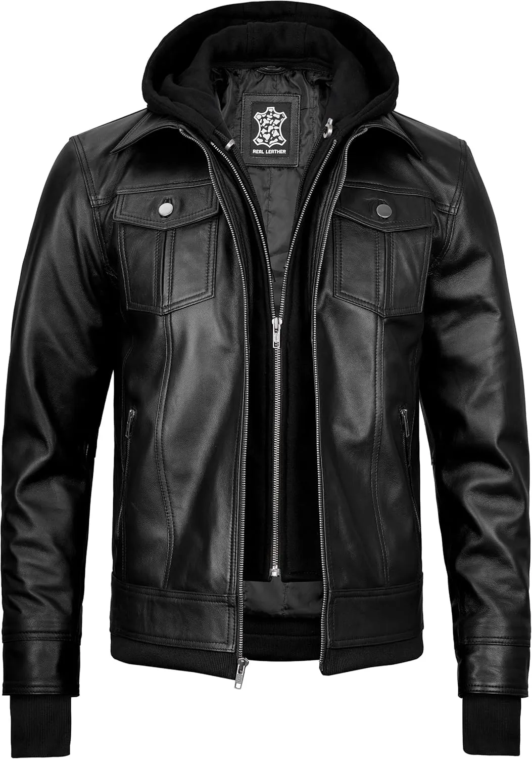 Blingsoul Mens Leather Jacket Removable Hooded Black Leather Jackets For Men