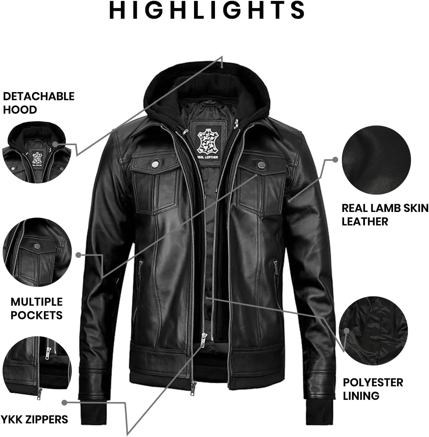 Blingsoul Mens Leather Jacket Removable Hooded Black Leather Jackets For Men