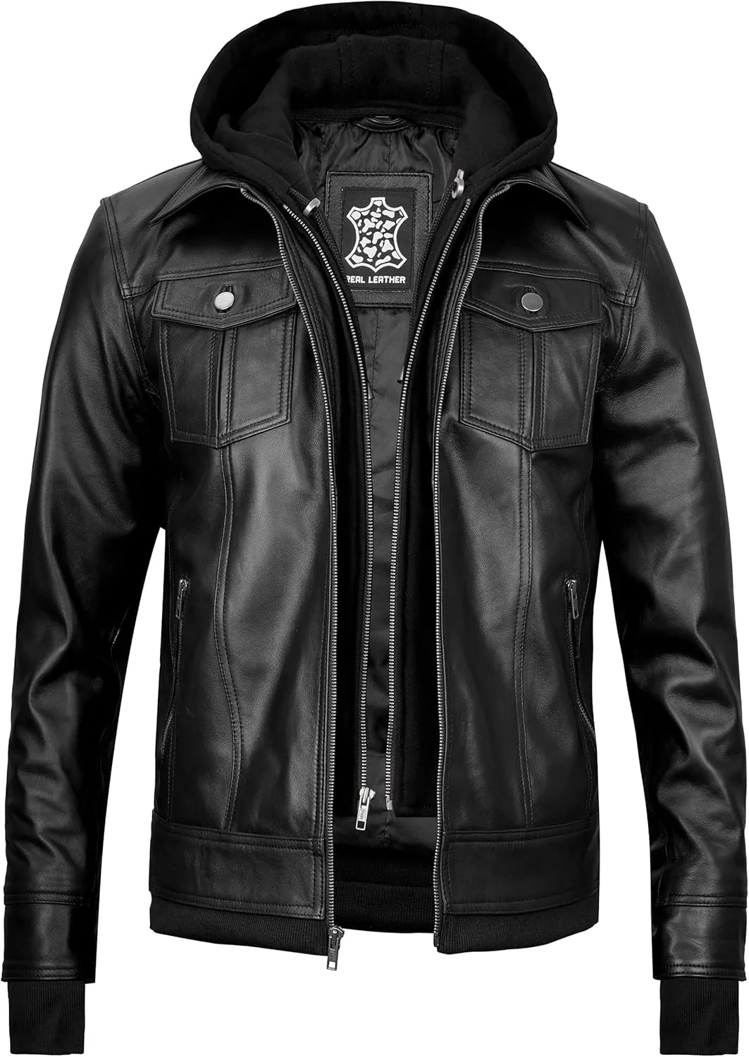 Blingsoul Mens Leather Jacket Removable Hooded Black Leather Jackets For Men