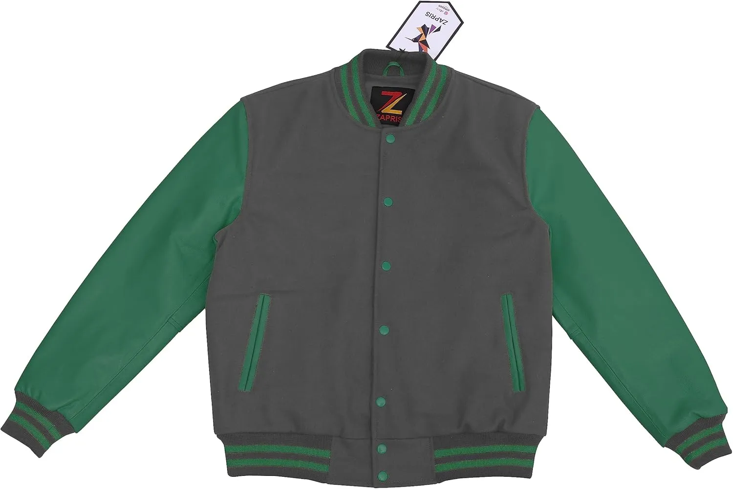 Bomber Jacket Men Motorcycle Biker Racer Baseball Letterman Varsity Jacket Wool Cowhide Leather Dark Green Sleeve
