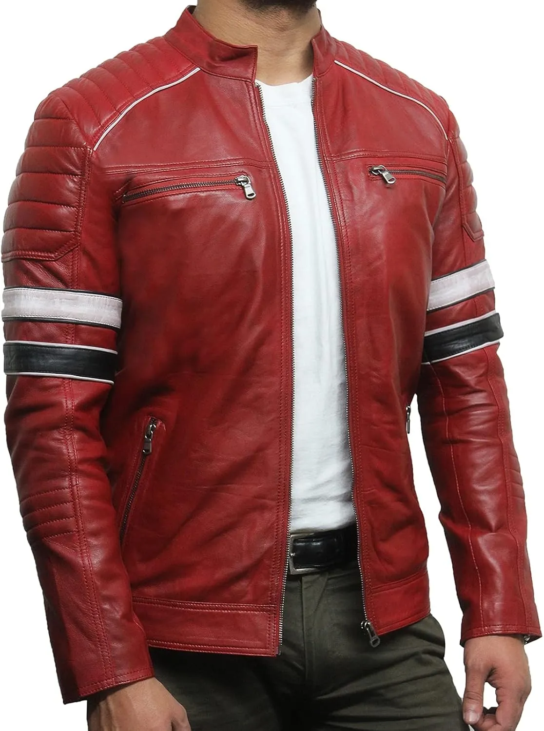 BRANDSLOCK Leather Jacket Mens - Cafe Racer Real sheepskin Leather Distressed Motorcycle Jacket