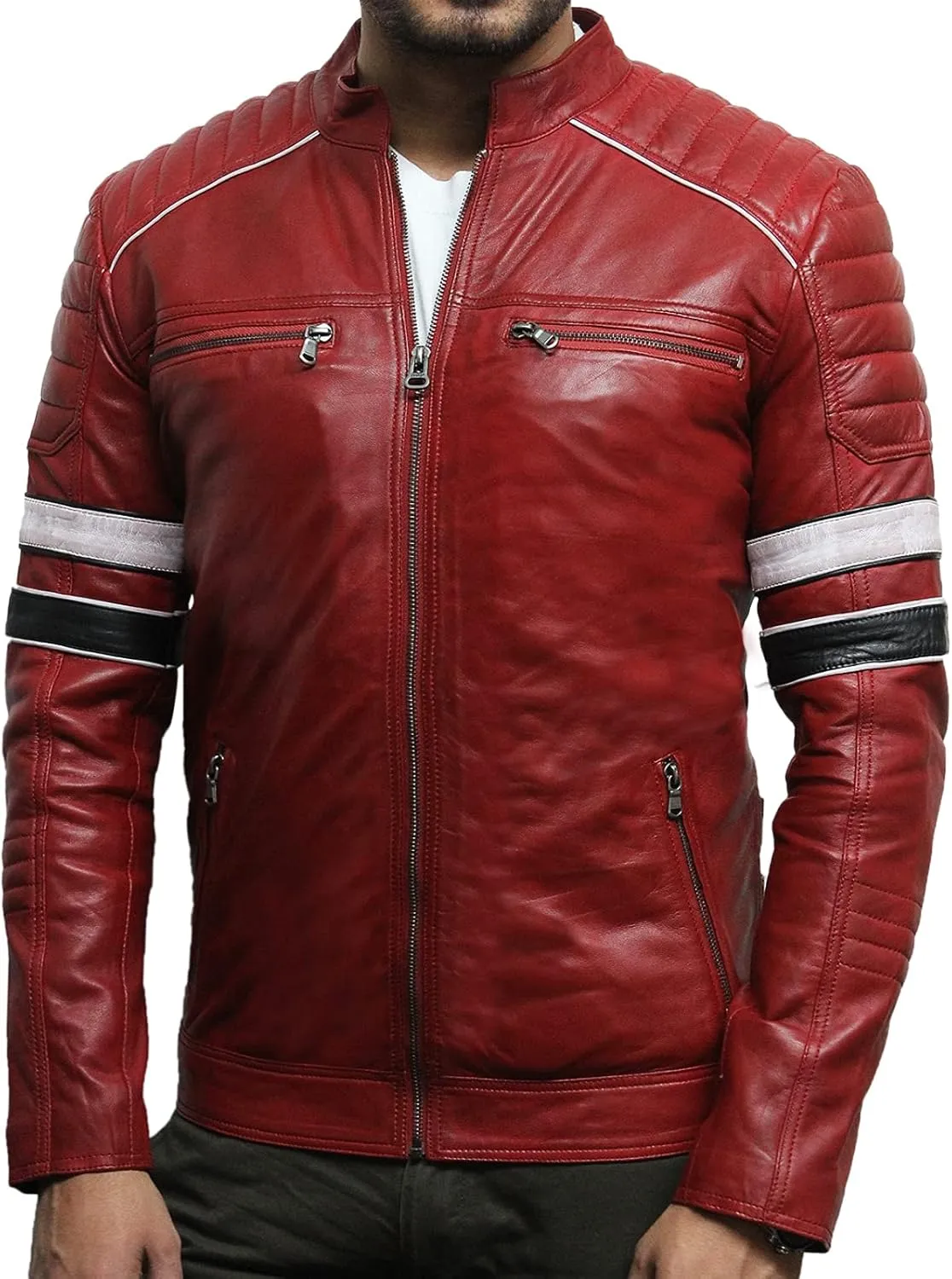 BRANDSLOCK Leather Jacket Mens - Cafe Racer Real sheepskin Leather Distressed Motorcycle Jacket