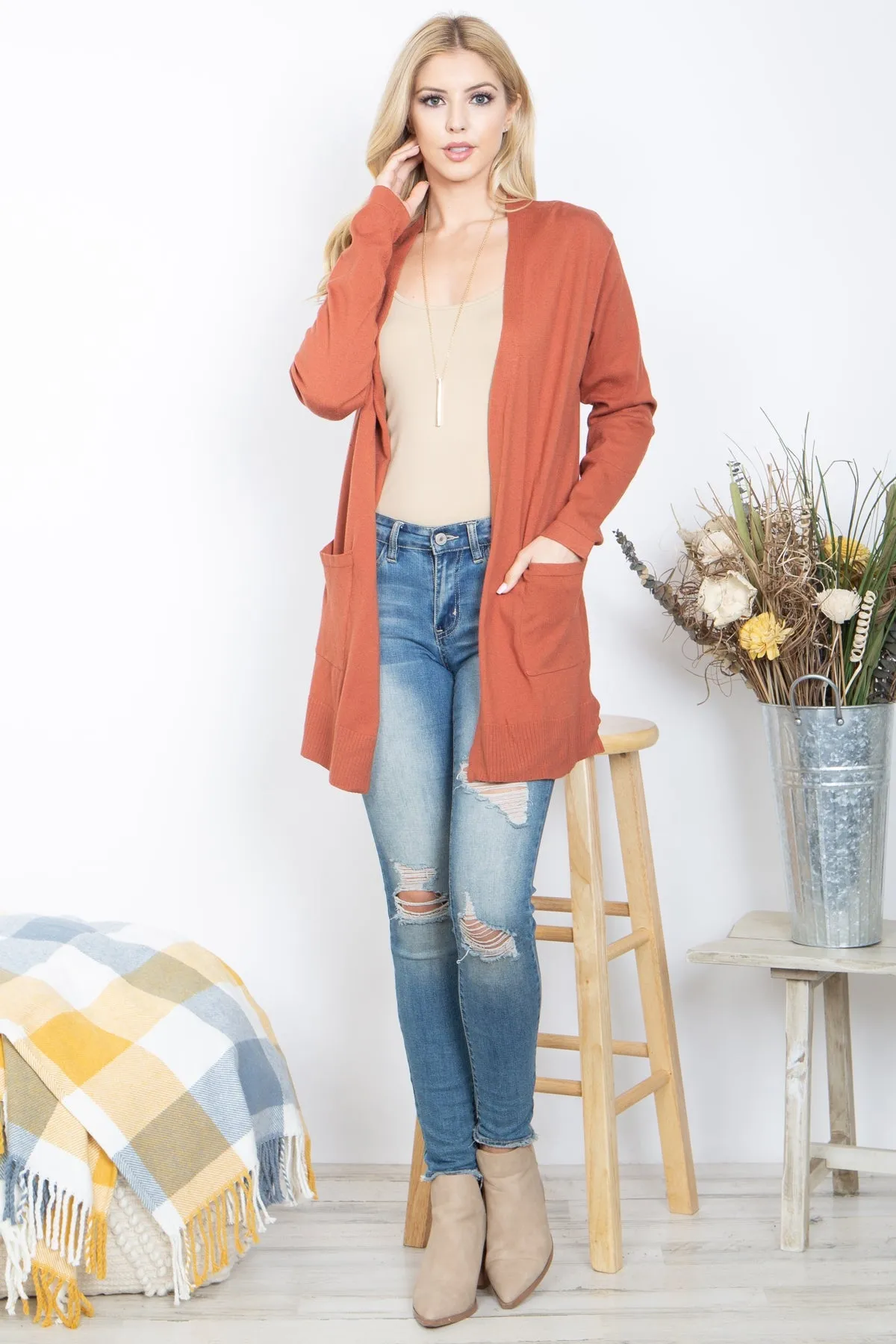 BRICK FRONT POCKET OPEN CARDIGAN