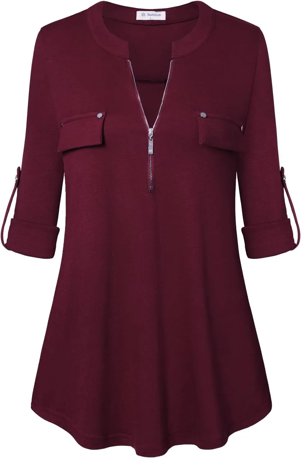 Bulotus Women's Zip Front V-Neck 3/4 Sleeve Tunic Casual Top