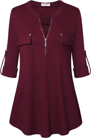 Bulotus Women's Zip Front V-Neck 3/4 Sleeve Tunic Casual Top