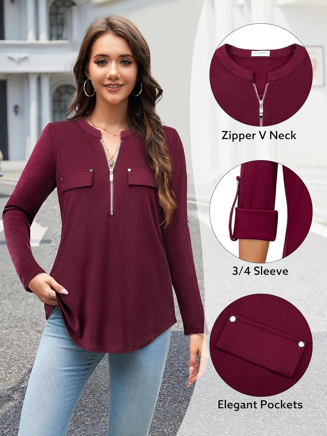 Bulotus Women's Zip Front V-Neck 3/4 Sleeve Tunic Casual Top
