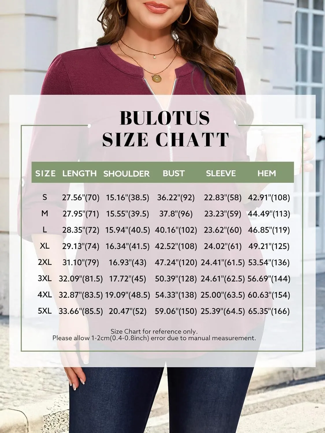 Bulotus Women's Zip Front V-Neck 3/4 Sleeve Tunic Casual Top