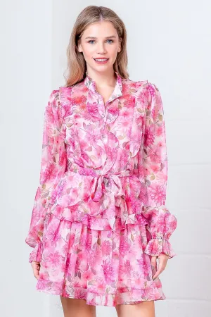 Button Up Pink Floral Ruffle Dress