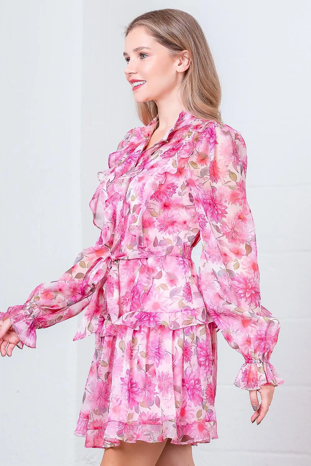 Button Up Pink Floral Ruffle Dress