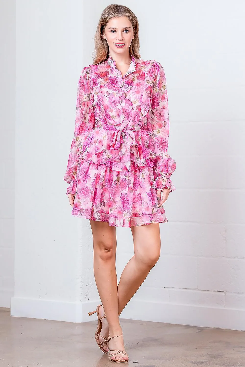 Button Up Pink Floral Ruffle Dress