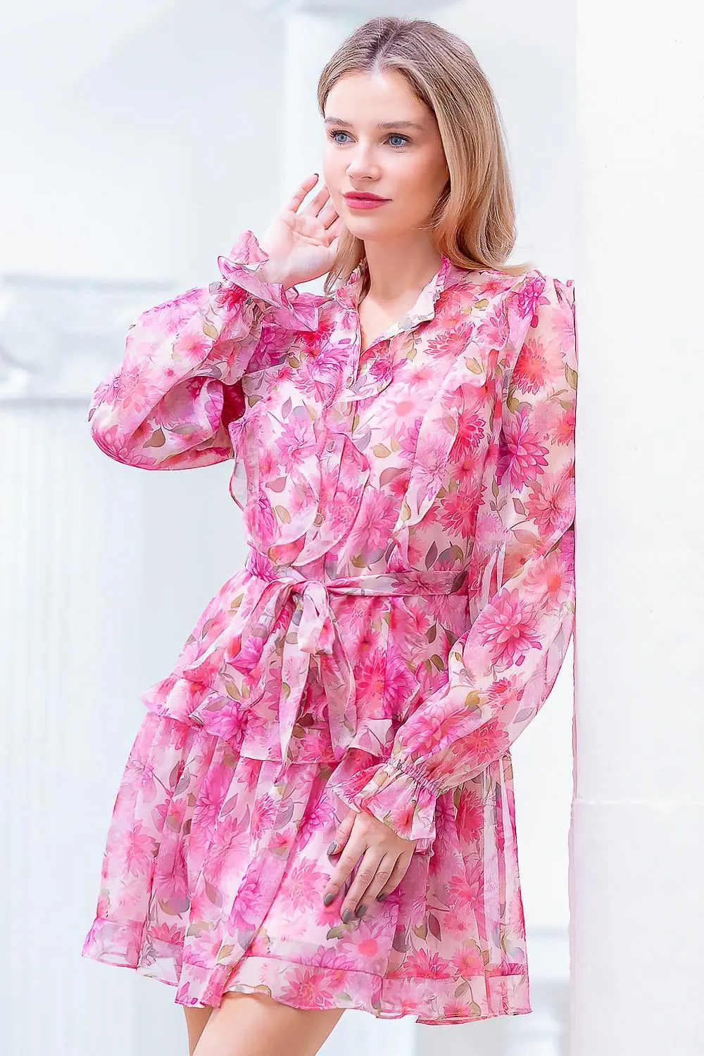 Button Up Pink Floral Ruffle Dress