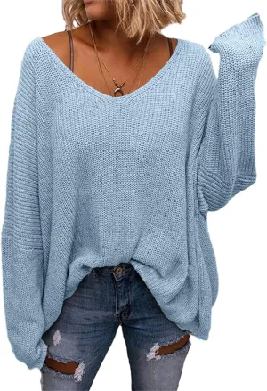 BZB Women's V Neck Long Sleeve Knit Loose Oversized Pullover Sweater Top