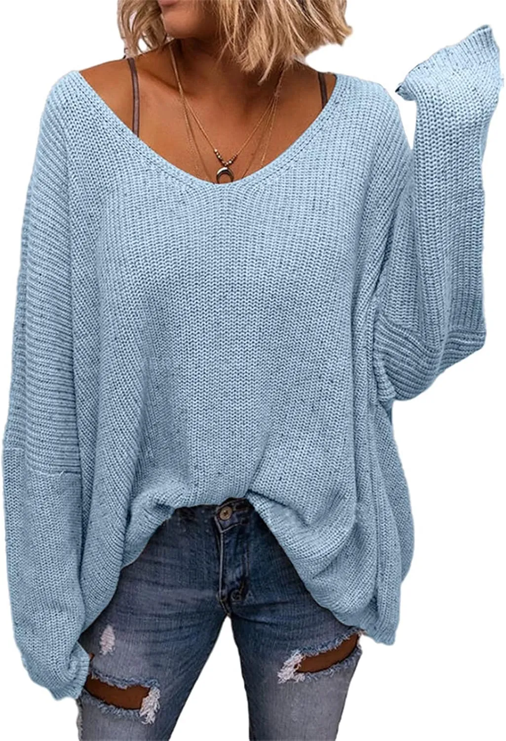 BZB Women's V Neck Long Sleeve Knit Loose Oversized Pullover Sweater Top