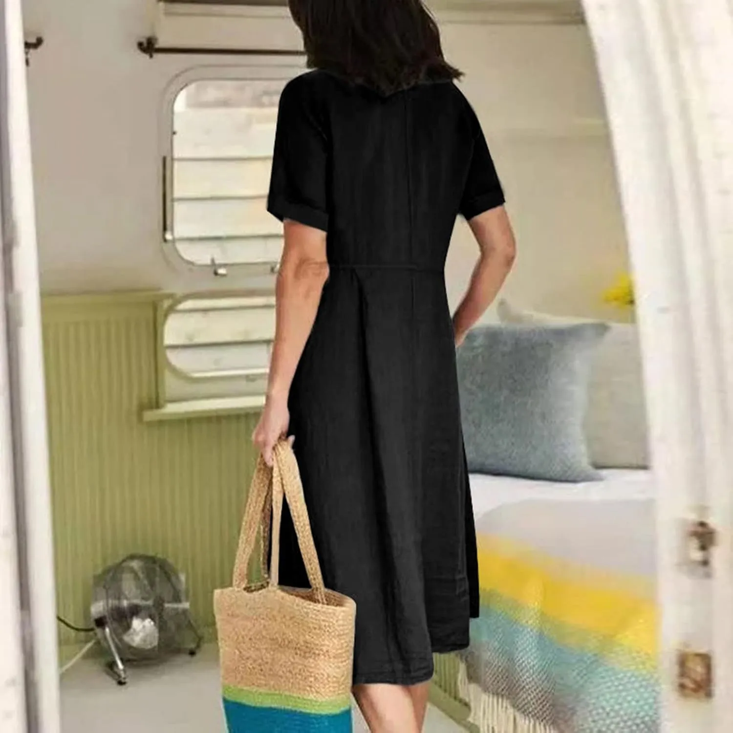 Casual Summer Dresses for Women Summer Loose Plus Size Button Linen Tee Shirt Solid Short Sleeve Dress with Pockets