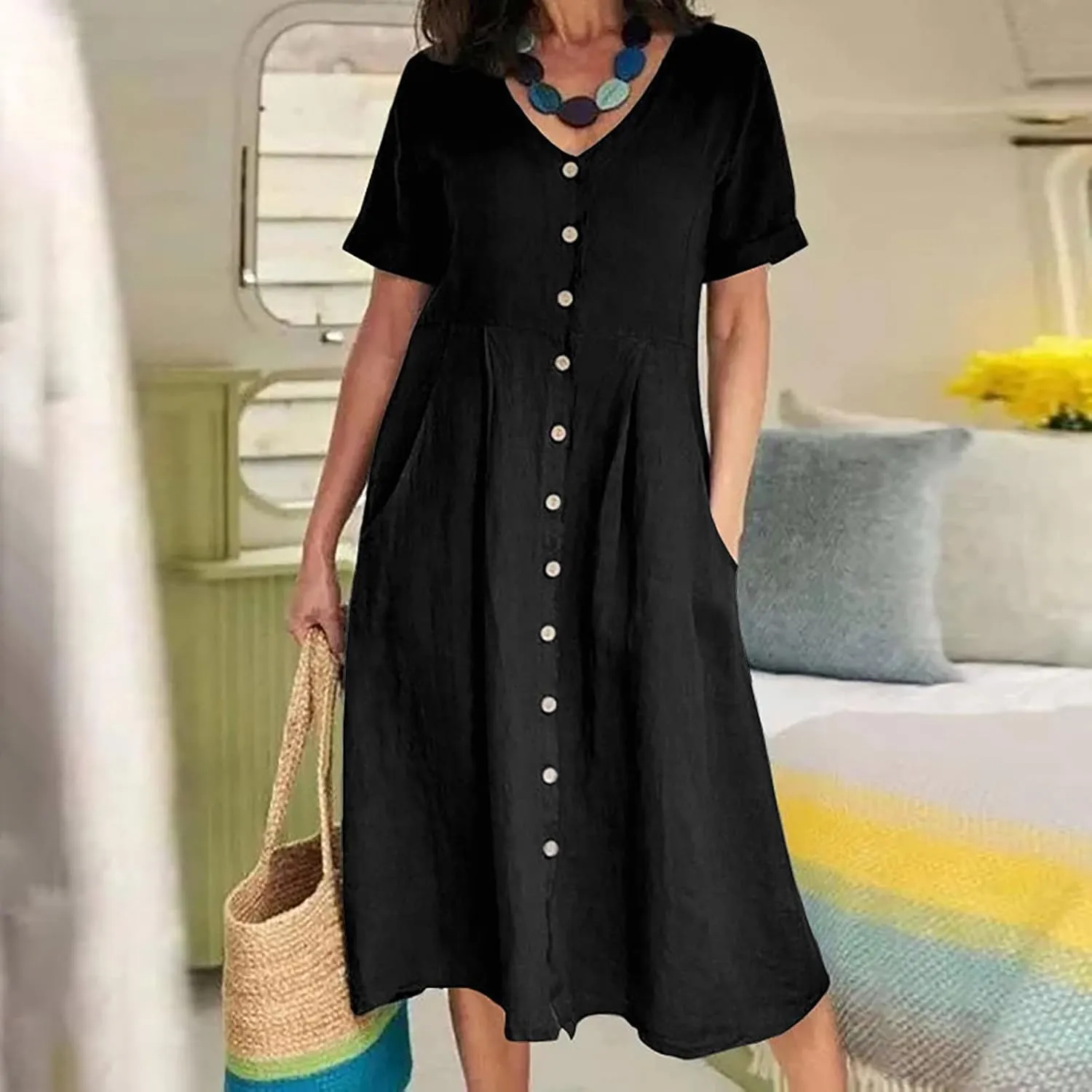 Casual Summer Dresses for Women Summer Loose Plus Size Button Linen Tee Shirt Solid Short Sleeve Dress with Pockets