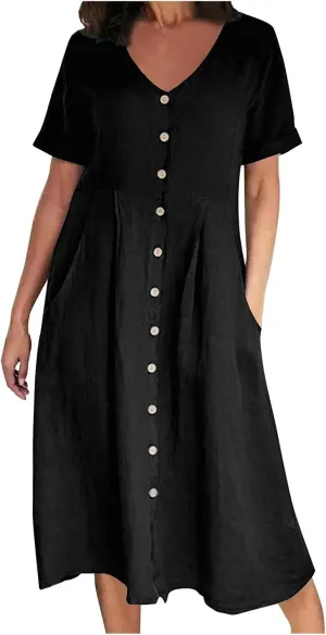 Casual Summer Dresses for Women Summer Loose Plus Size Button Linen Tee Shirt Solid Short Sleeve Dress with Pockets