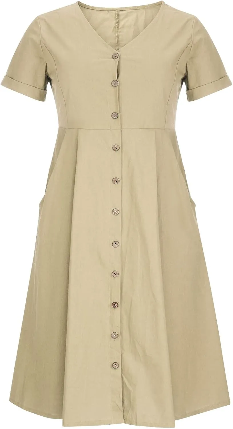 Casual Summer Dresses for Women Summer Loose Plus Size Button Linen Tee Shirt Solid Short Sleeve Dress with Pockets