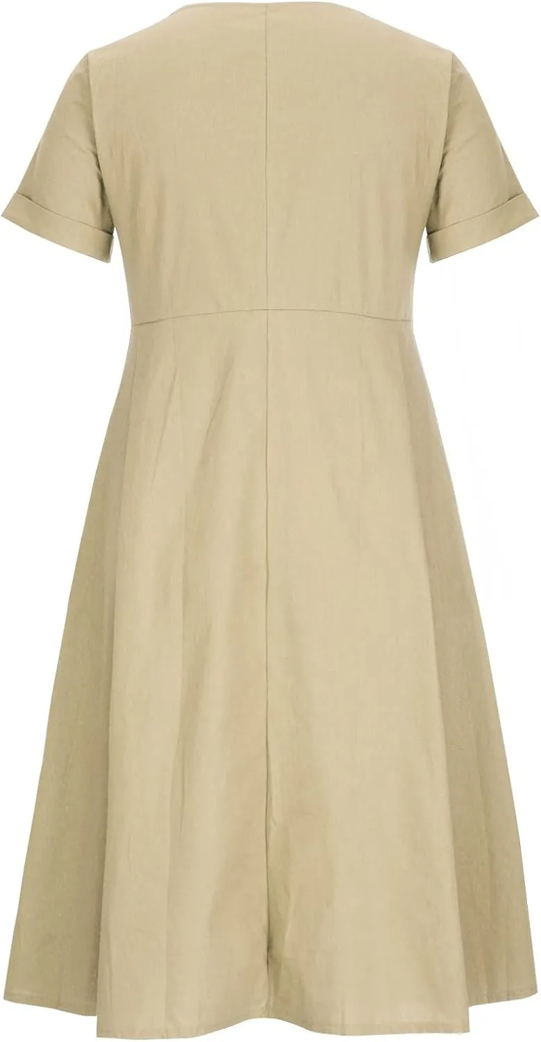 Casual Summer Dresses for Women Summer Loose Plus Size Button Linen Tee Shirt Solid Short Sleeve Dress with Pockets