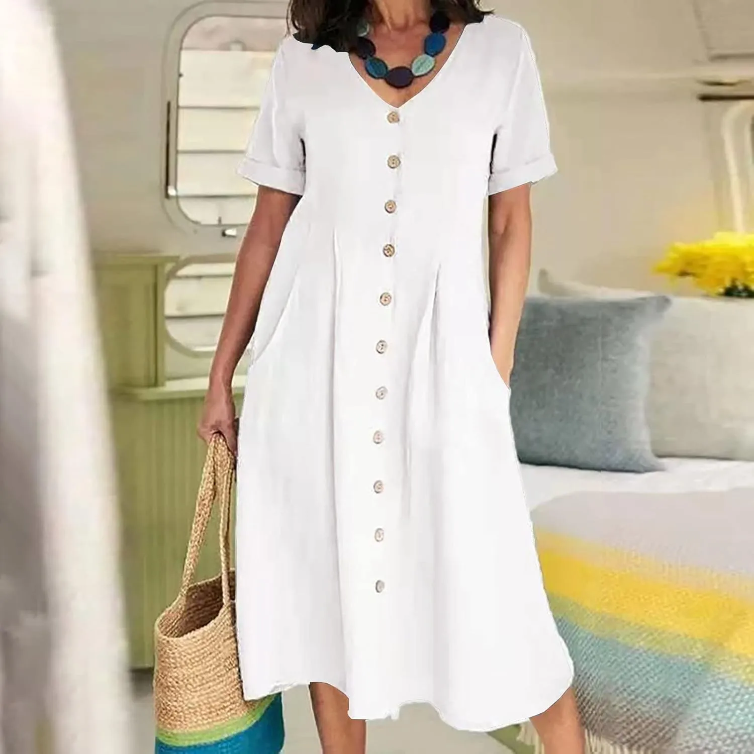 Casual Summer Dresses for Women Summer Loose Plus Size Button Linen Tee Shirt Solid Short Sleeve Dress with Pockets