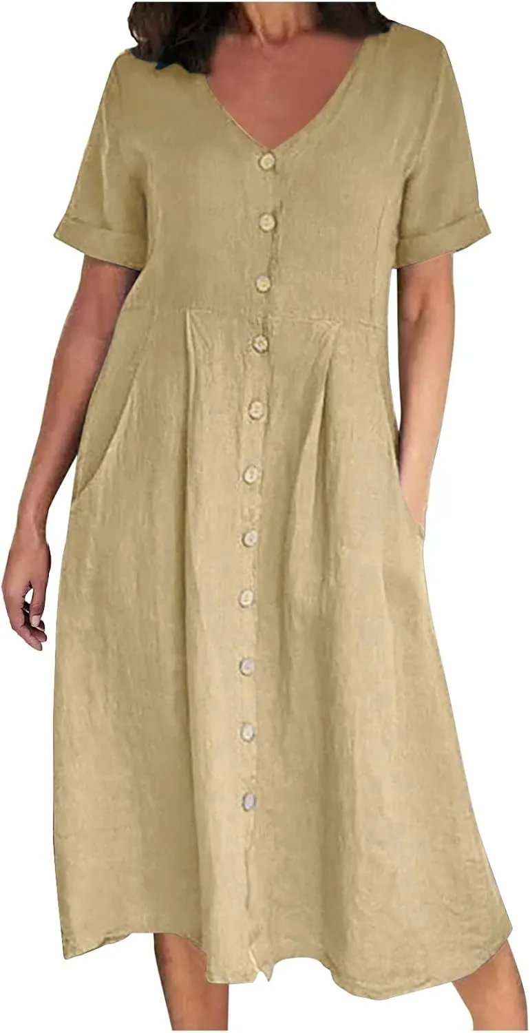 Casual Summer Dresses for Women Summer Loose Plus Size Button Linen Tee Shirt Solid Short Sleeve Dress with Pockets