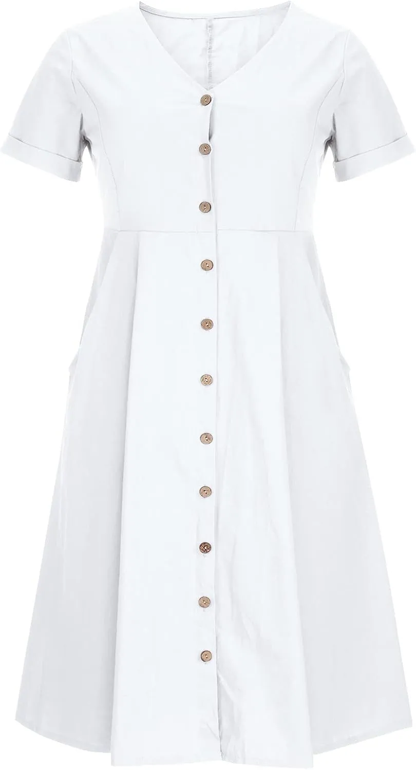 Casual Summer Dresses for Women Summer Loose Plus Size Button Linen Tee Shirt Solid Short Sleeve Dress with Pockets